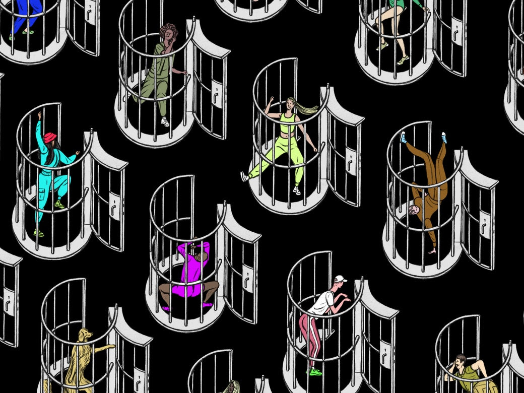 Illustration of people trapped in cages the shape of TikTok logos.