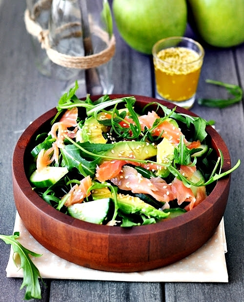 Whisk together the dressing ingredients above, until it's nice and smooth, then mix it into the salad. Smoked Salmon Avocado And Rocket Arugula Salad Fuss Free Cooking