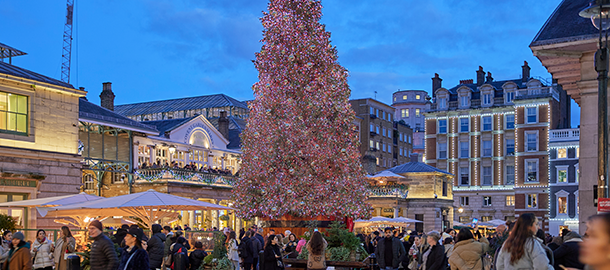Iconic 60ft Christmas tree in Covent Garden. Image courtesy of Covent Garden.