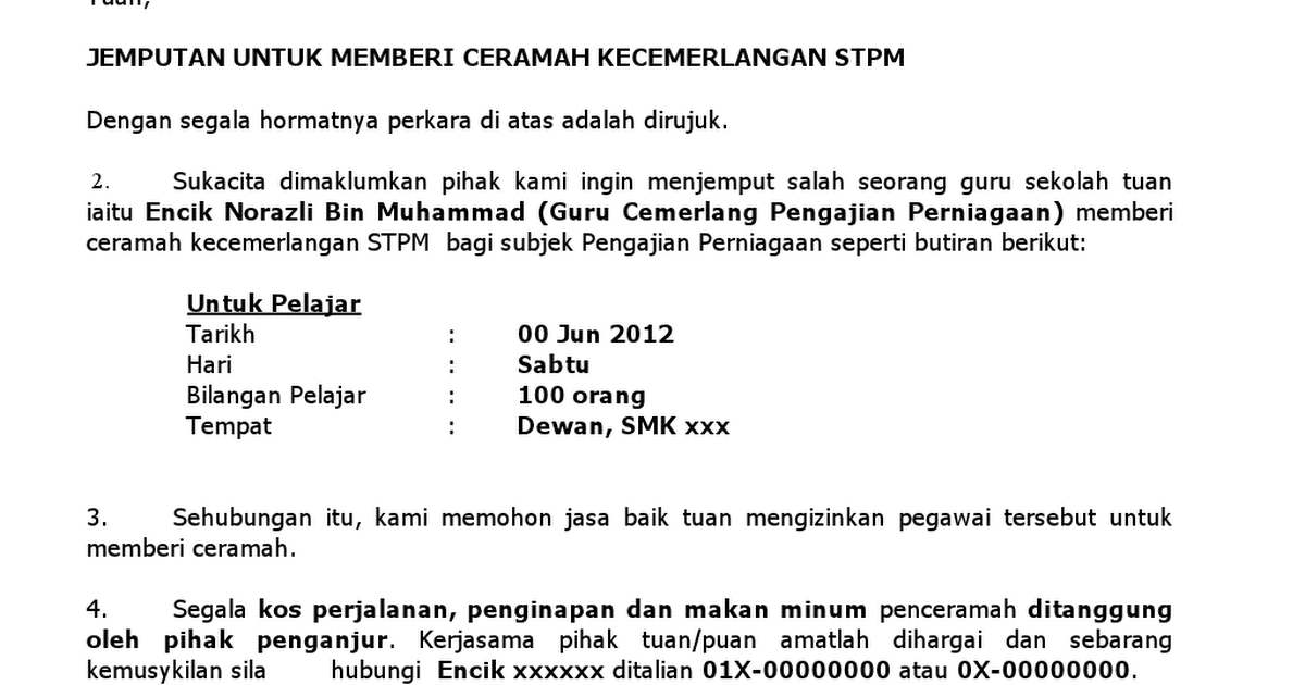 Surat Rasmi Jemputan Sebagai Penceramah - Surat Rasmi T