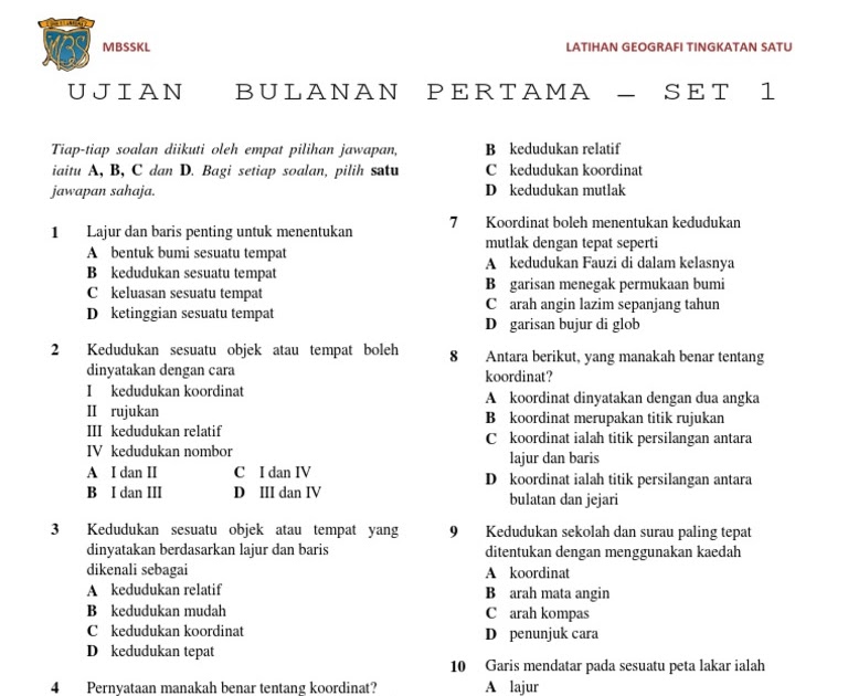 Soalan Objektif Geografi Tingkatan 1 Kssm - Kecemasan s