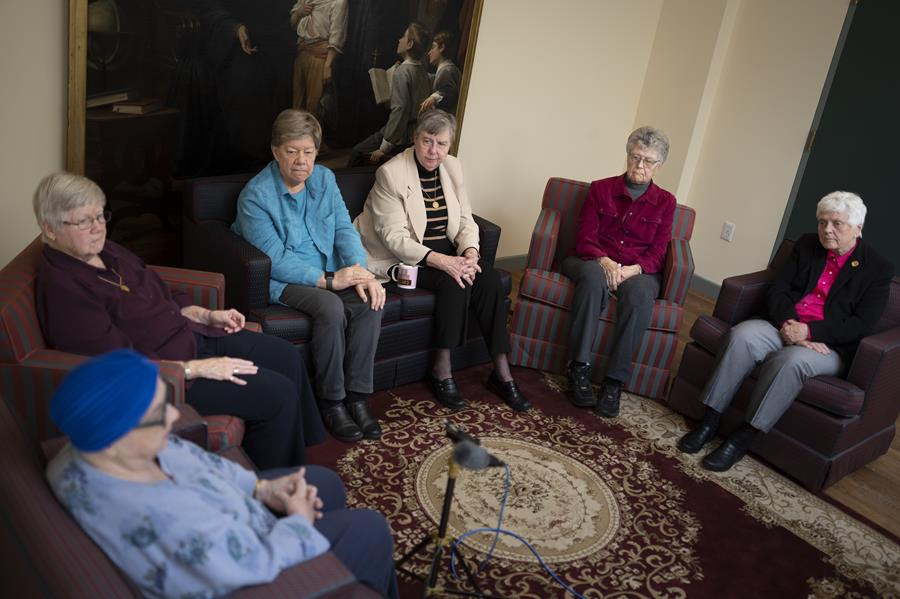 From left, Sisters Claire E. Regan, Dorothy Metz, Donna Dodge, Margaret M. O'Brien, Margaret Egan, and Sheila Brosnan, all members of the leadership council of the Sisters of Charity, are interviewed as a group.