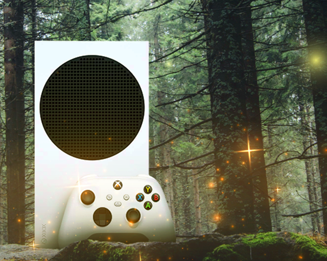 An Xbox Series S console and controller sit in a forest of trees with gold sparkles glowing in the trees.