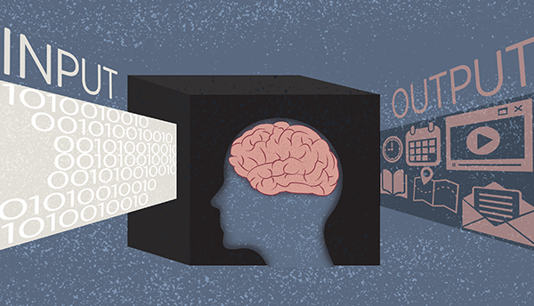 Forensic science illustration shows a box with a human brain inside, with "Input" to the left and "Output" to the right.