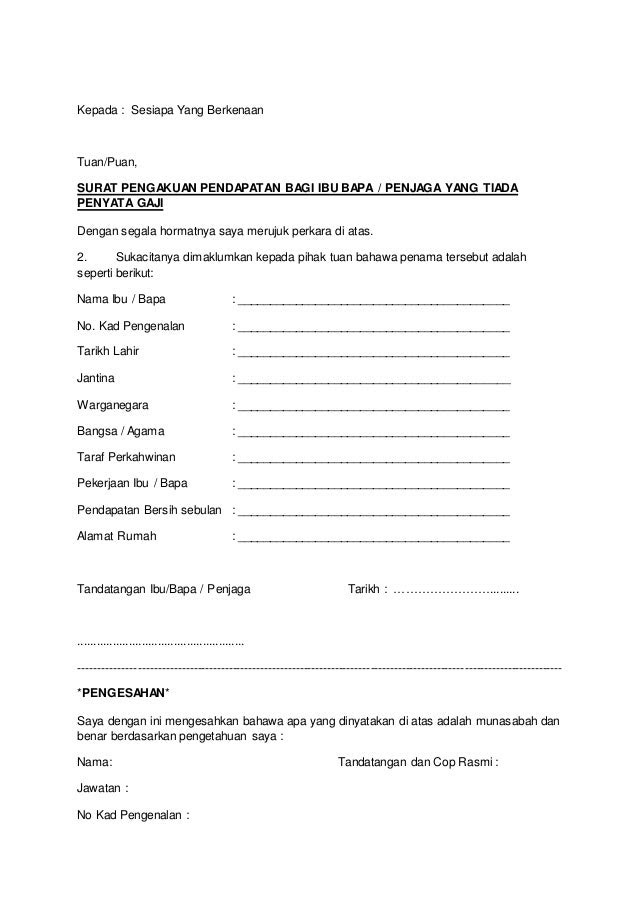 Contoh Surat Rasmi Pengesahan Pendapatan Bekerja Sendiri 