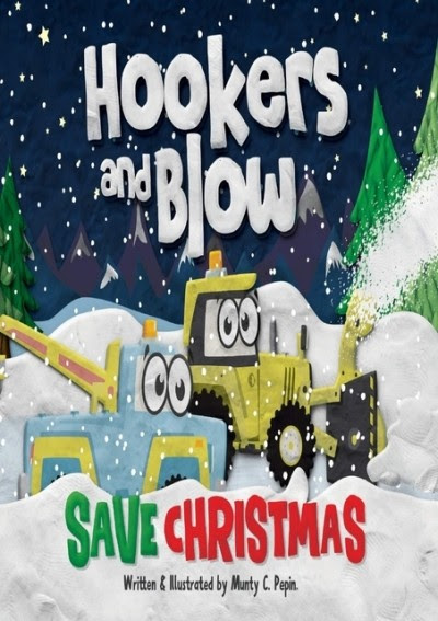 Cartoon of tow trucks in the snow. The caption says Hookers and Blow Save Christmas.