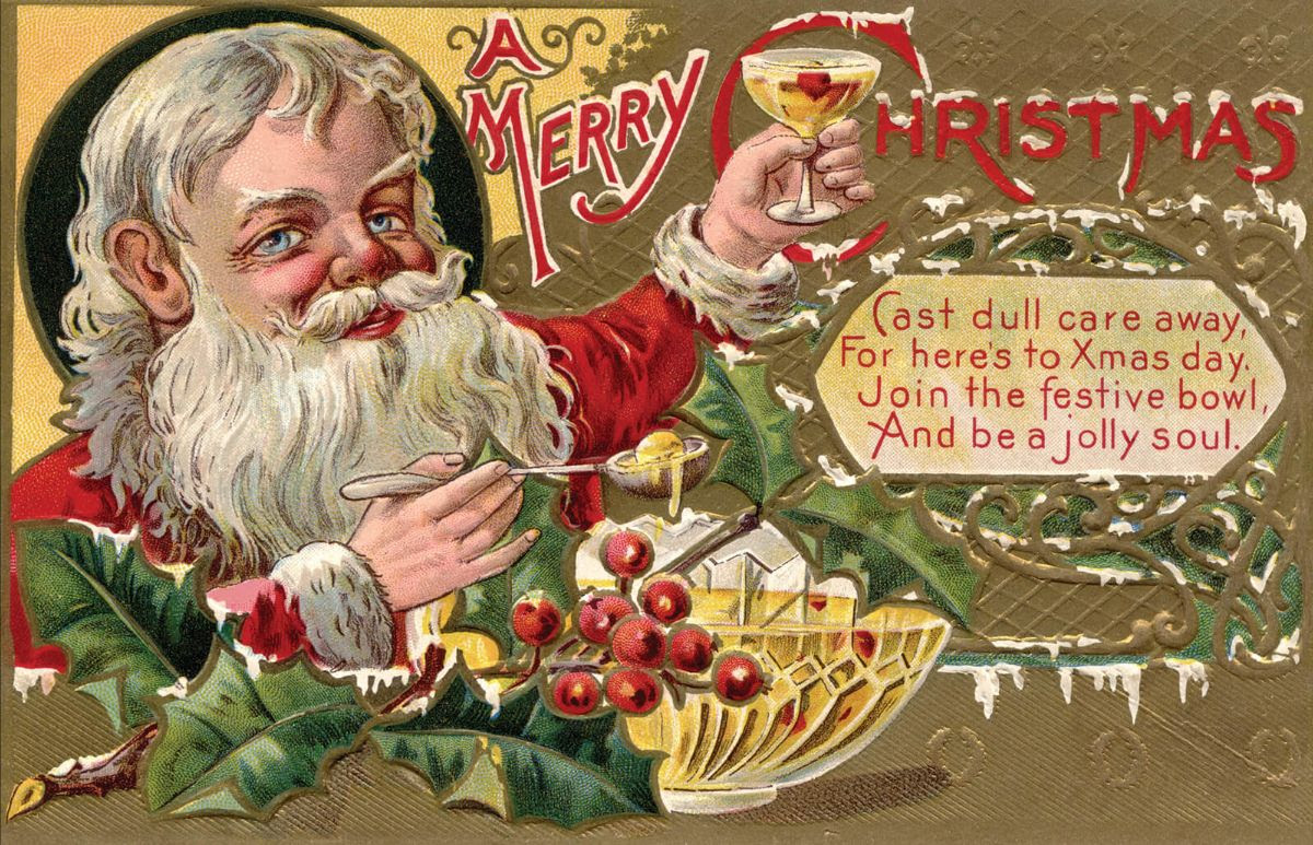 Vintage CHristmas card of Santa drunk.