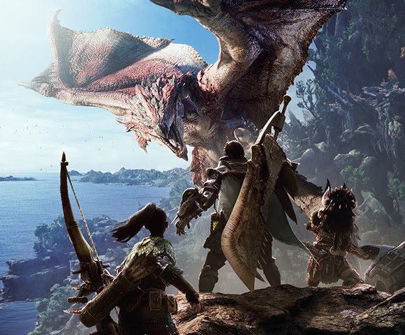 Characters and monsters on a cliff overlooking the ocean in a scene from Monster Hunter World.