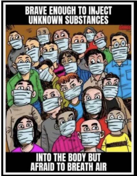 Meme cartoon showing a slew of masked people with the words: "Brave enough to inject unknown substances into the body but afraid to breath fresh air."