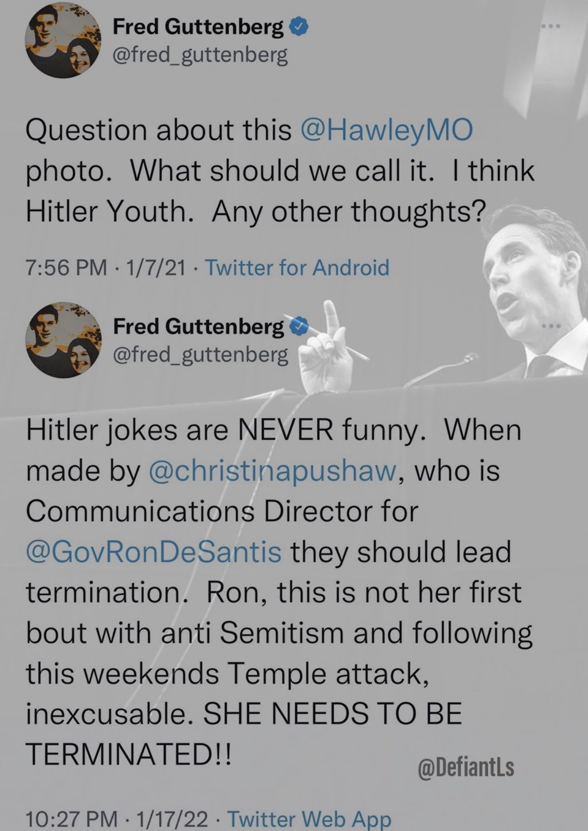 Hypocrite Fred Guttenberg. Says Hitler jokes are never funny after doing one himself a year earlier.
