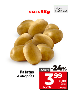 Patatas con categoría I ahora un 24% más barato a 3,99€ a 0,80€/kg, antes a 5,28 a 1,06€/kg.