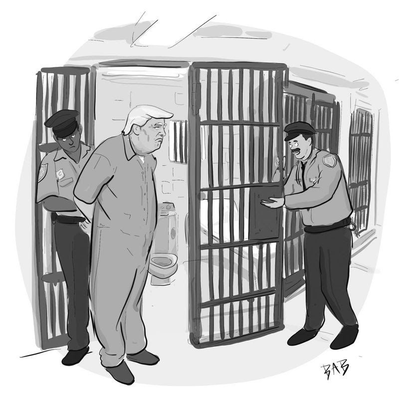 Illustration of Donald Trump being locked up and put into a prison cell called the 'presidential suite'