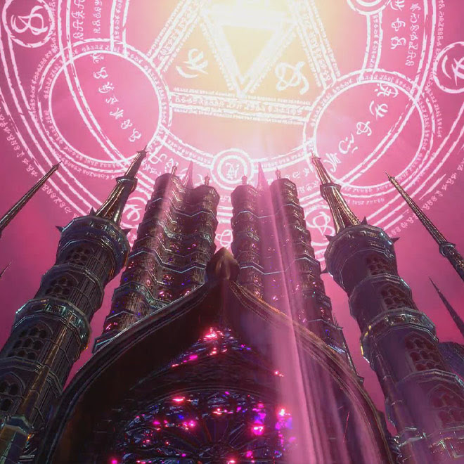 A skyward view of the iconic castle from Bloodstained: Ritual of the Night with a massive magical rune suspended in the sky above.