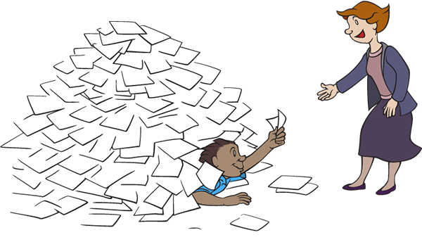 Cartoon for TREC shows man under mound of papers offering one to a woman standing nearby. 