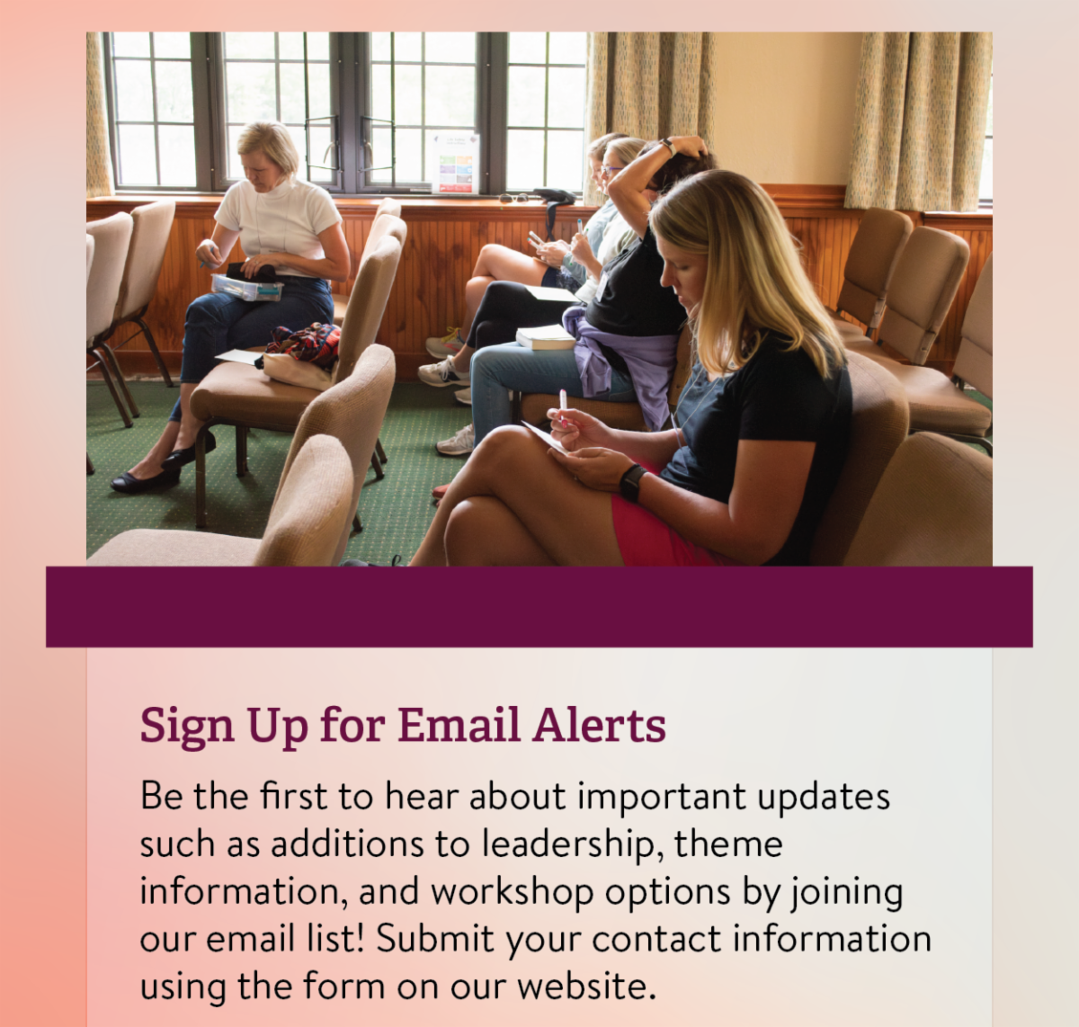 Sign Up for Email Alerts - Be the first to hear about important updates such as additions to leadership, theme information, and workshop options by joining our email list! Submit your contact information using the form on our website.