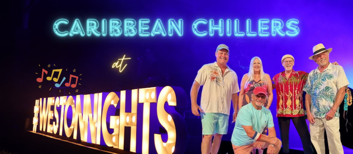 Photo of Caribbean Chillers band shown with the WestonNights stage lights