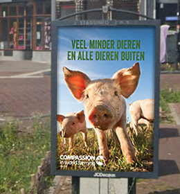 Voorbeeldposter naast de weg met daarop een biggetje en de tekst 'Veel minder dieren en alle dieren buiten'