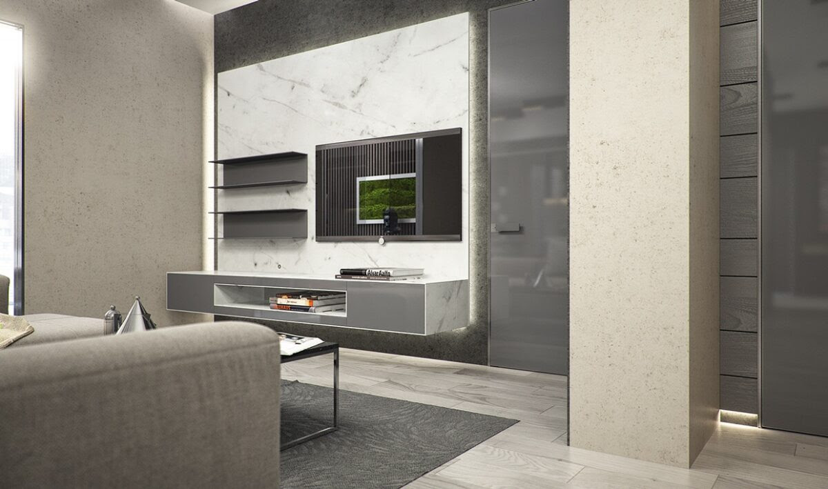 The pastel blue accent wall with its elegant silver designs. Marble Wall Accent Interior Design Ideas