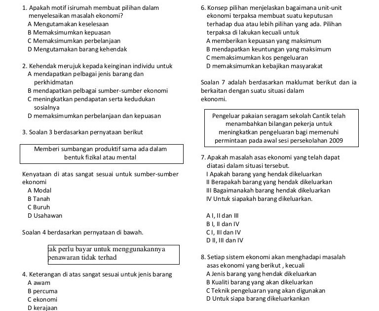 Soalan Objektif Ekonomi Asas Tingkatan 4 Bab 2 - Viral Blog q