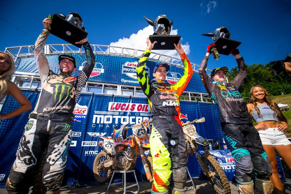 The 450 Class podium: Tomac (left), Musquin (center), and Wilson (right).