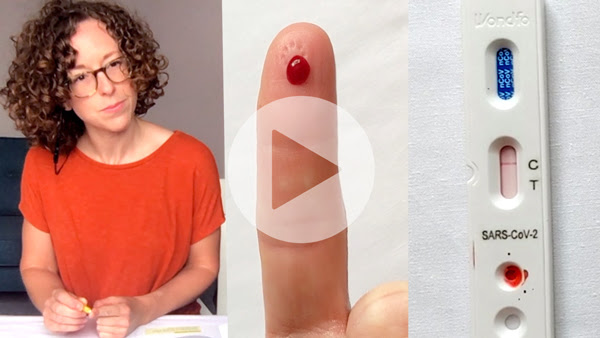 Triptych made up of a test subject, a finger with a droplet of blood and a antibody test kit with a play icon overlaid