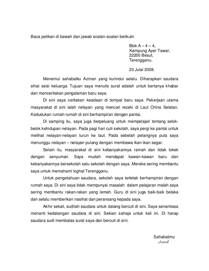 Contoh Surat Kiriman Tidak Rasmi Bahasa Melayu
