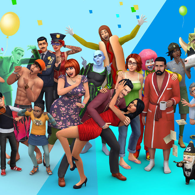 A diverse cast of Sims share a celebration with the two in front dancing the tango in a dip.