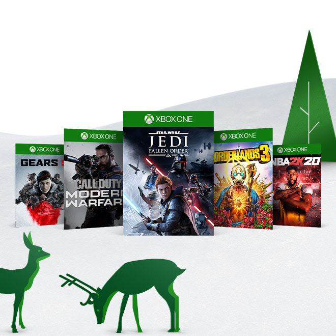 Cover art from the games Star Wars Jedi: Fallen Order, Borderlands 3, Call of Duty: Modern Warfare, Gears 5, and NBA 2K20 stand among a holiday backdrop.