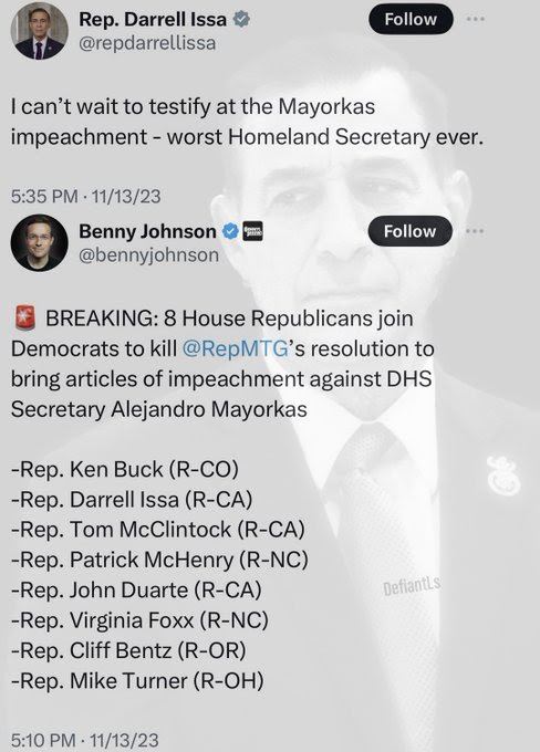 Hypocrite Darrell Issa boasts about wanting to impeach Mayorkas then votes against impeachment.