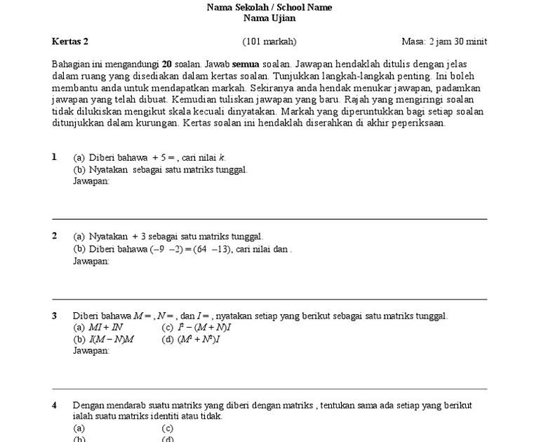 Contoh Soalan Matematik Matriks - p Muharram