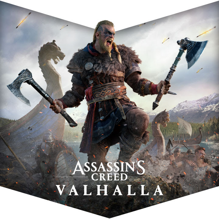 Key art for Assassin's Creed Valhalla featuring a Viking marauder wielding two hand axes
