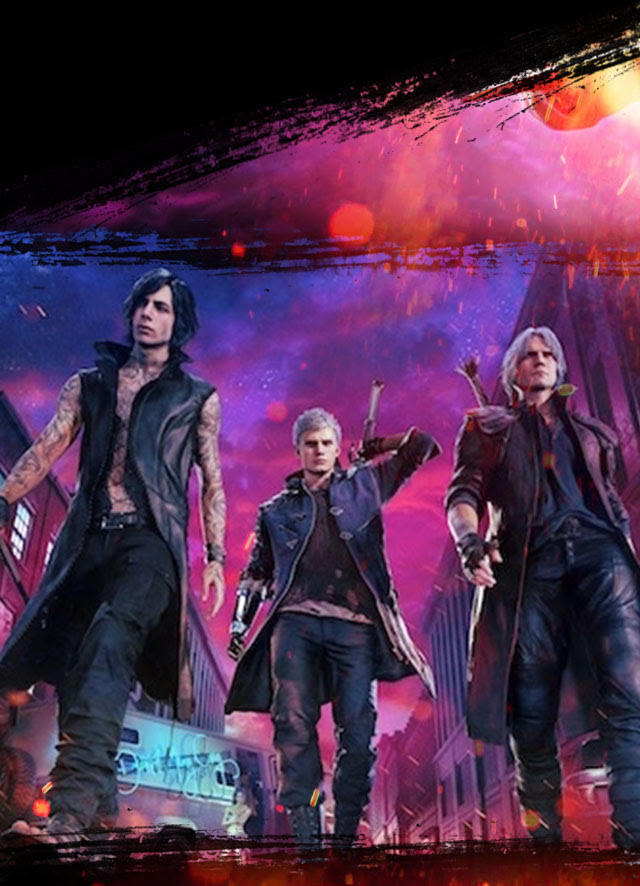 V, Nero, and Dante walking through Red Grave City.