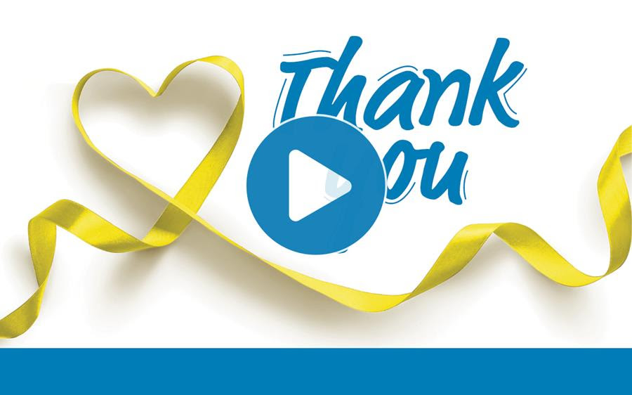 Graphic of yellow ribbon shaped to create a heart, with the words thank you in blue