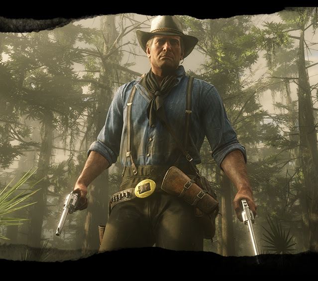 Gunslinger in a hat holds a rifle in one hand and pistol in another in a forest.
