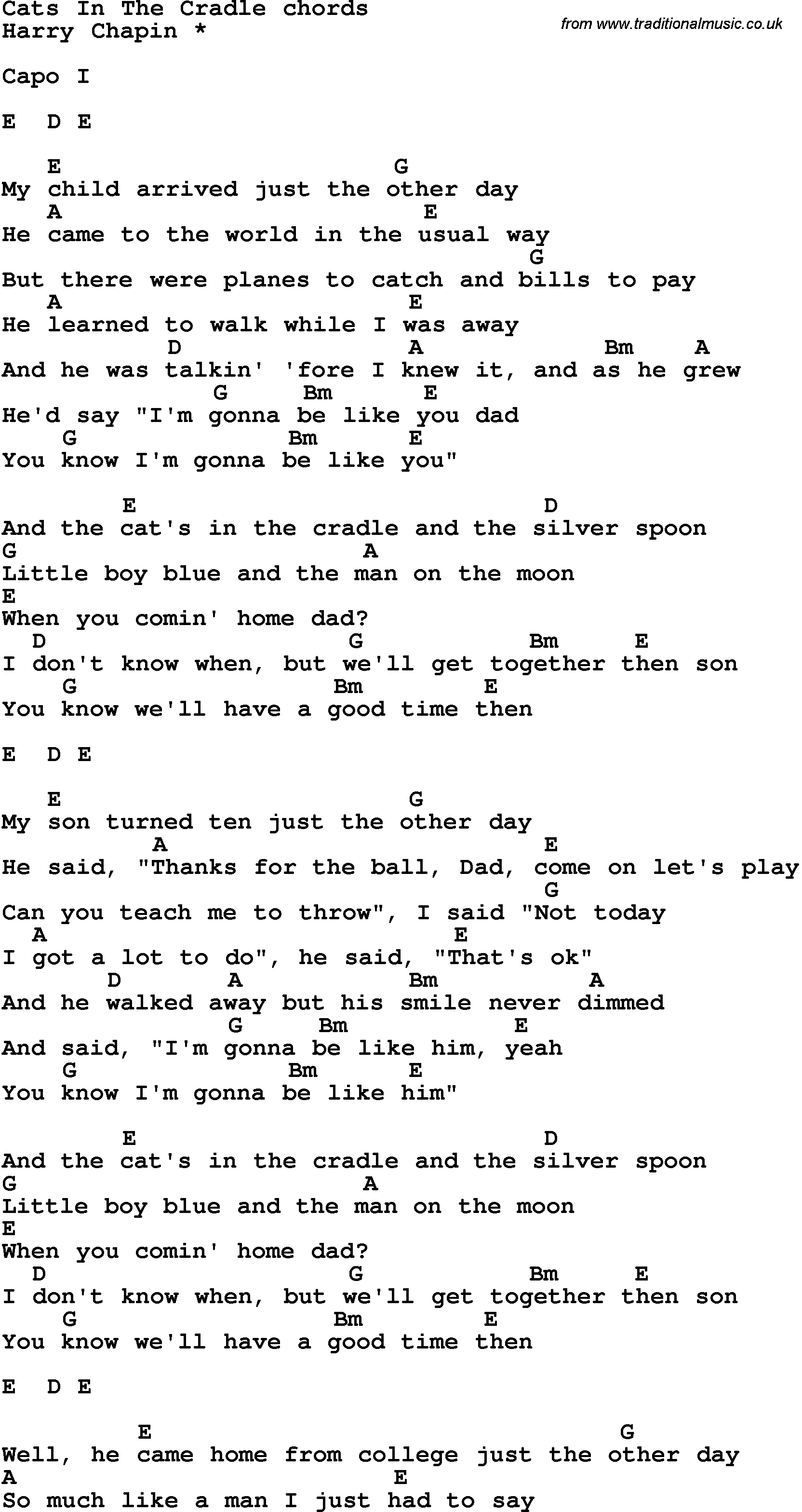 Original lyrics of cats in the cradle song by cat stevens. Song Lyrics With Guitar Chords For Cats In The Cradle