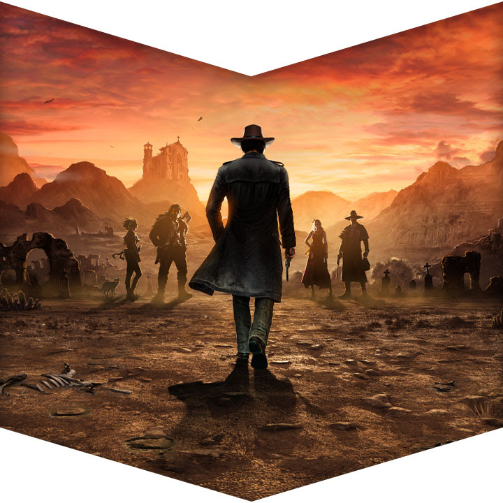 Against a desolate Wild West desert backdrop, a cowboy strides with gun in hand toward four other armed characters.