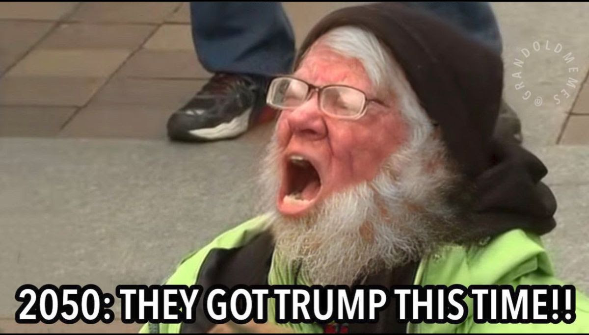 Photoshop meme with the word:s "2050-they got Trump this time." The photo depicts the screaming woman from 2016 who is made to look older and very hairy.