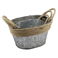 Galvanized metal containers with rope trim and handle, set of three