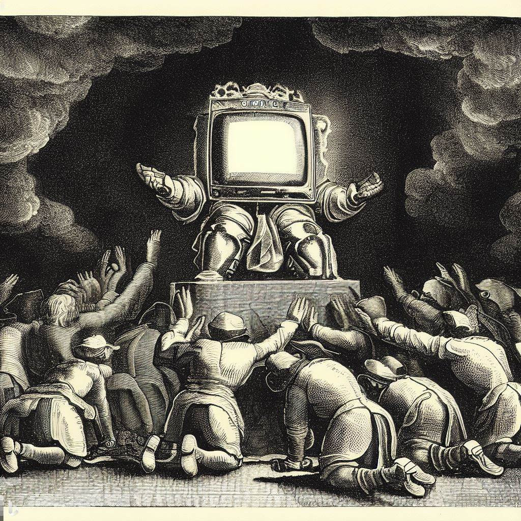 A.I. generated image showing worship of computer god.