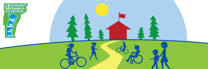 banner graphic cartoon of children walking and biking to school