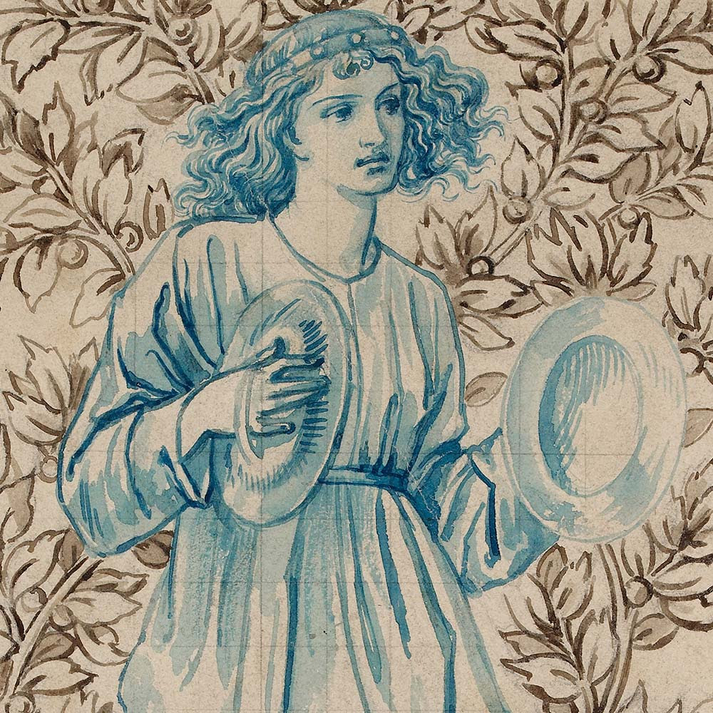 A drawing of a figure holding cymbals surrounded by vines