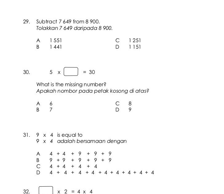 Soalan Mathematics Darjah 3 - Kuora v