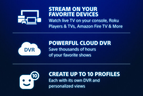 Stream on your favorite devices Watch live TV on your console, Roku Players & TVs, Amazon Fire TV & More | Powerful cloud DVR Save thousands of hours of your favorite shows | Create up to 10 profiles Each with its own DVR and personalized views