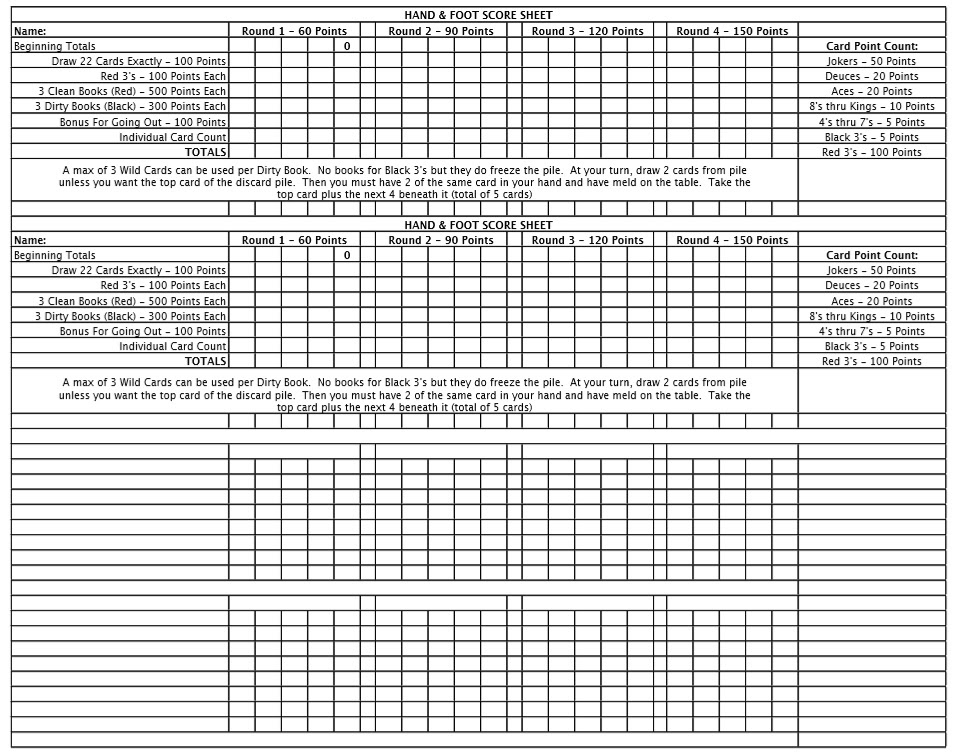 6 free sample hand and foot score sheet samples printable. 6 Free Sample Hand And Foot Score Sheet Samples Printable Samples