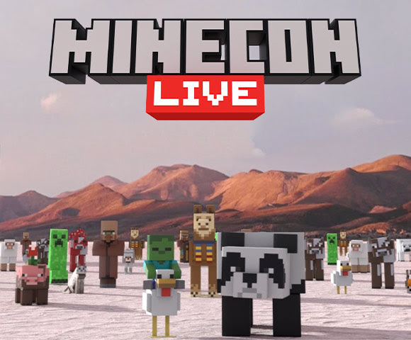 A collection of Minecraft animals and monsters stand on a beach under the MINECON Live logo.