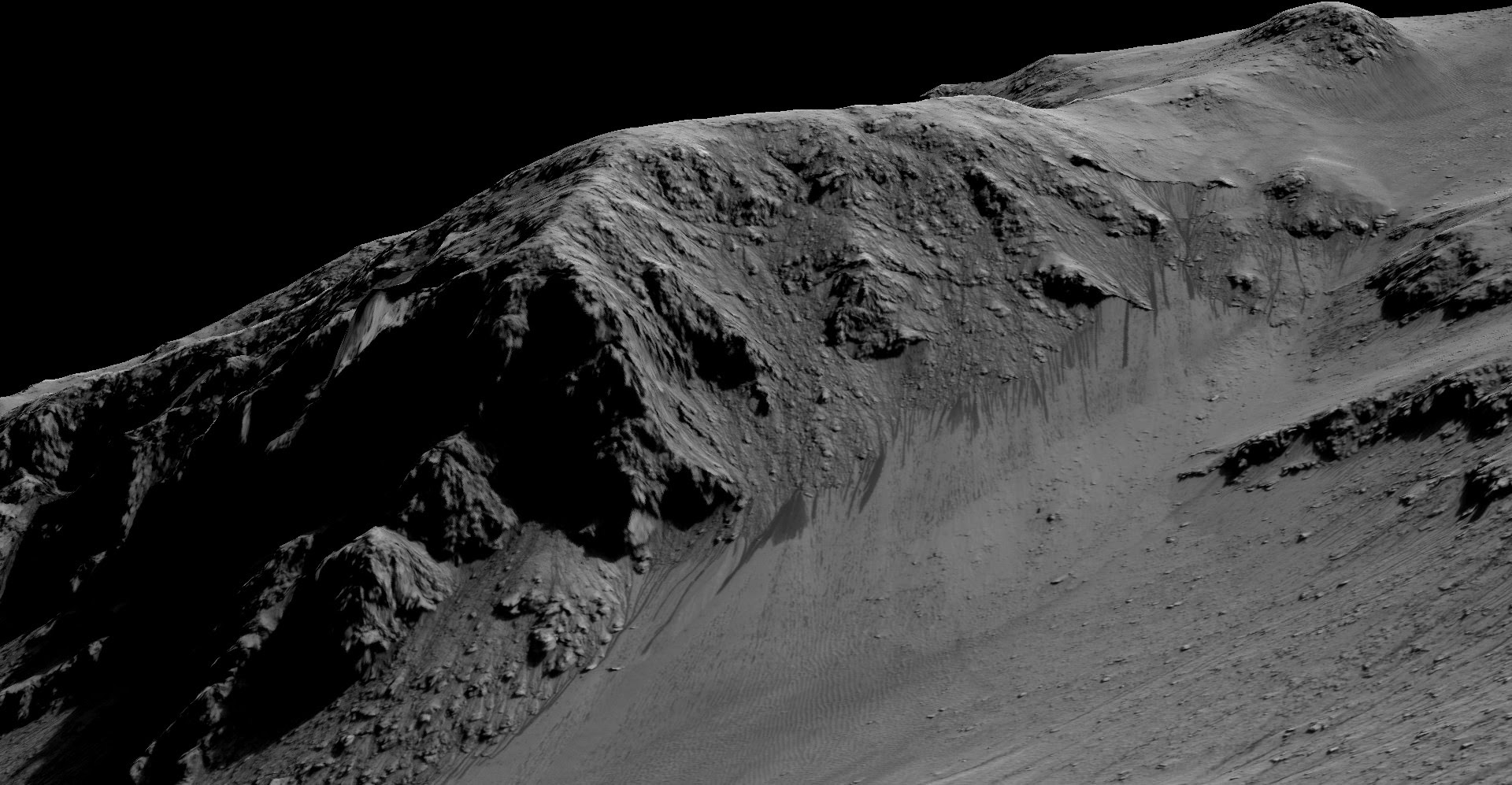 The dark, narrow streaks flowing downhill on Mars at sites such as this portion of Horowitz Crater are inferred to be formed by seasonal flow of water on modern-day Mars. The streaks are roughly the length of a football field. These dark features on the slopes are called "recurring slope lineae" or RSL. The imaging and topographical information in this processed view come from the High Resolution Imaging Science Experiment (HiRISE) camera on NASA's Mars Reconnaissance Orbiter.   Credit: NASA/JPL-Caltech/Univ. of Arizona