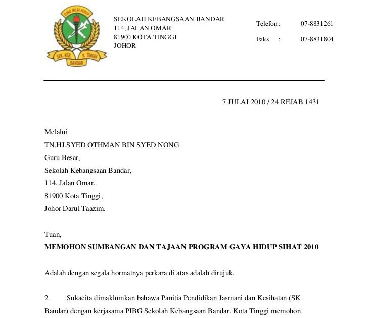 Contoh Surat Rasmi Memohon Sumbangan Wang - Surat Rasmi 1