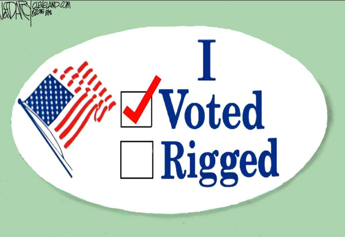 Satirical I voted cartoon saying "I rigged."