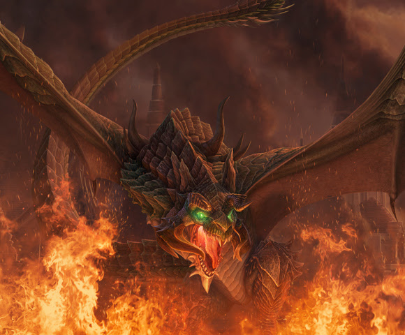 An angry dragon with fire surrounding it.