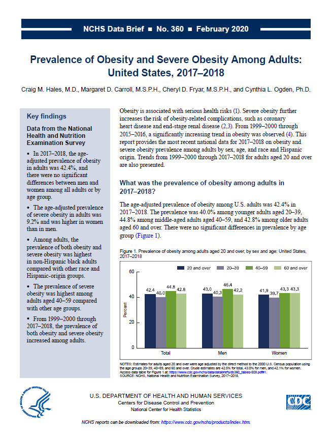 This is the thumbnail for the Data Brief on Prevalence of Obesity and Severe Obesity Among Adults: United States, 2017–2018